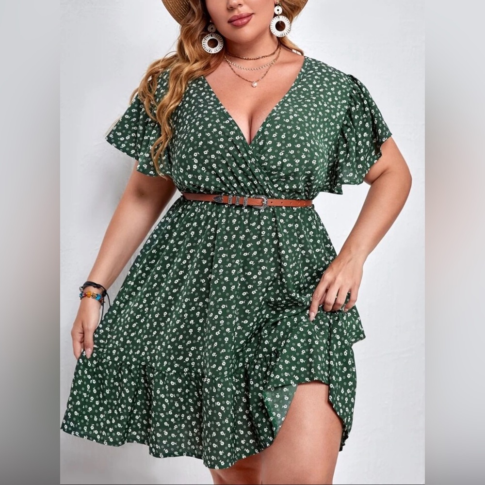 Floral Print Butterfly Sleeve Ruffle Hem Dress